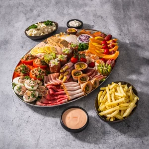 Koude vlees- en visschotel met aardappelsalade